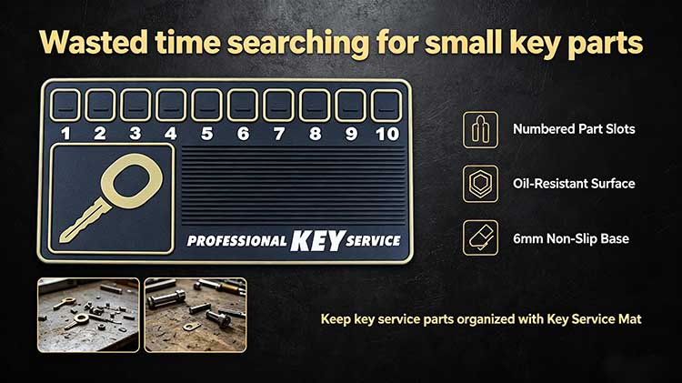 Heavy-duty 6mm key service mat with 10 numbered storage slots and oil-resistant rubber surface for locksmith workbenches.