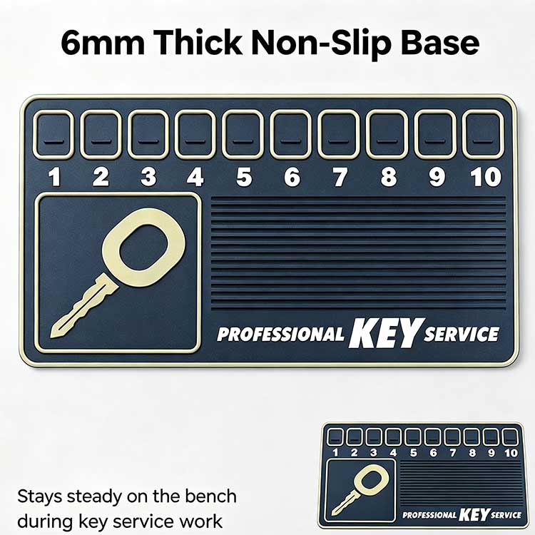 Side view highlighting the 6mm heavy-duty thickness and non-slip rubber base of a professional key service mat.