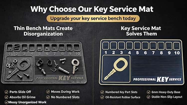 Comparison graphic showing a messy, thin rubber mat versus an organized, 6mm heavy-duty key service mat with numbered slots.