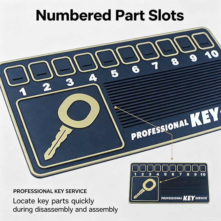 Professional key service mat with an integrated golden key logo tray and 10 storage slots for lock components.
