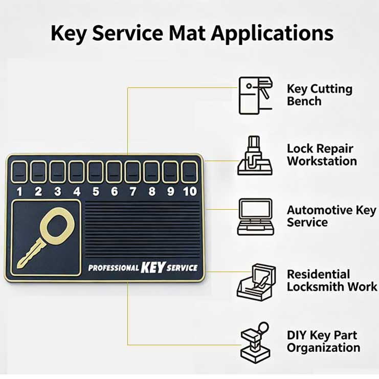 Key service mat applied in various locksmith scenarios including key cutting, lock repair workstation, and automotive key service.
