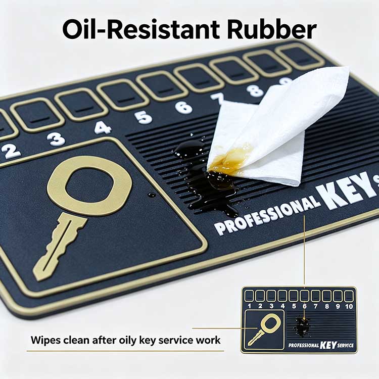 Close-up of oil being wiped off a black oil-resistant rubber key service mat, showing the easy-clean surface.