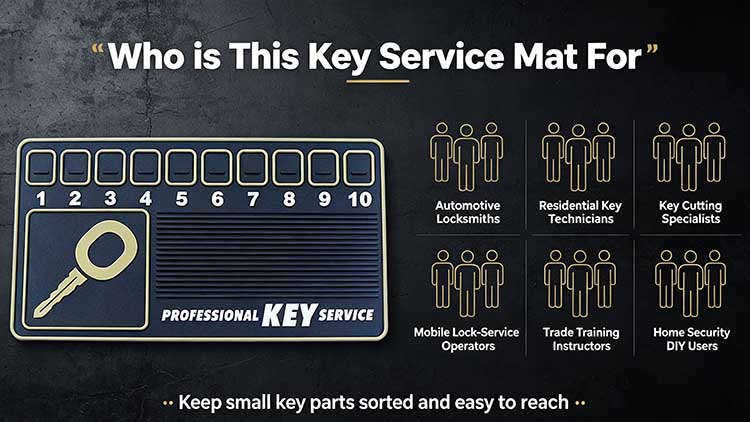 Key service mat target audience showing automotive locksmiths, residential key technicians, and key cutting specialists.