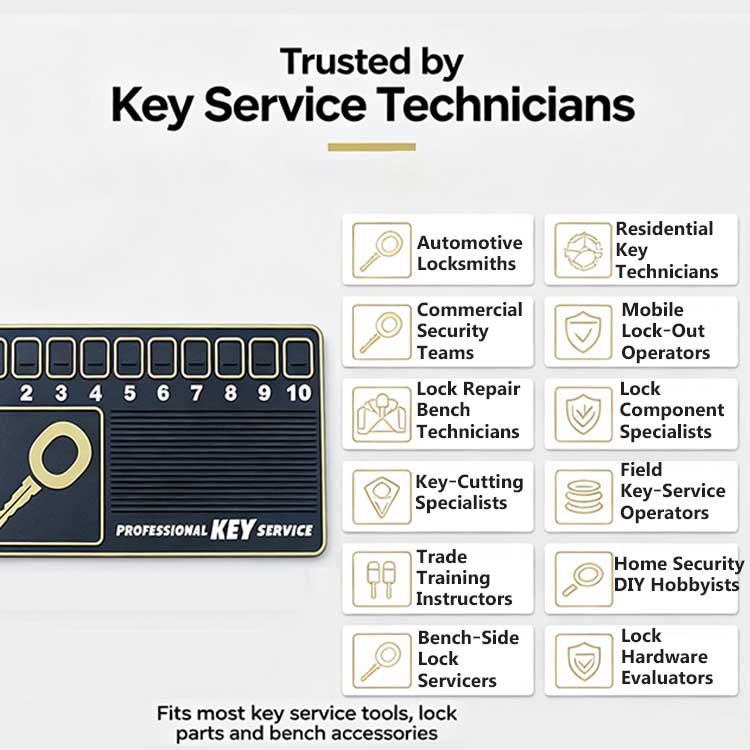 Professional locksmith technician organizing lock parts on a heavy-duty OEM key service mat.