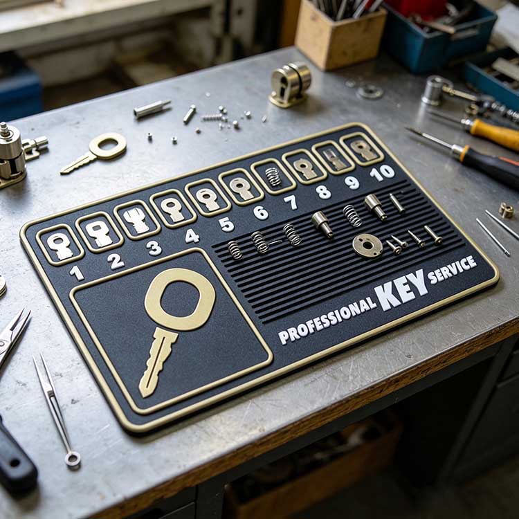 Professional key service mat with 10 numbered slots, springs, and pins on a locksmith workbench.