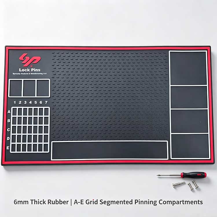 Large commercial pinning tray with 35-slot A-E grid for 6-pin cylinders.
