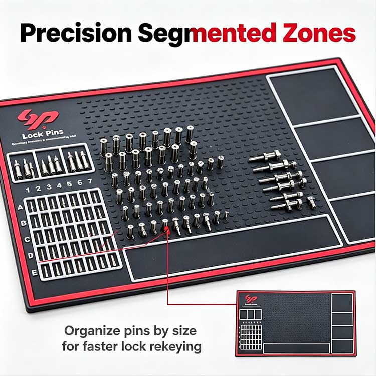 Precision segmented 5x7 A-E grid for sorting driver pins and tools on a large commercial pinning tray.