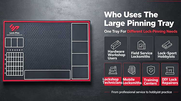 Large pinning tray for commercial locksmiths, hardware distributors, and trainers.