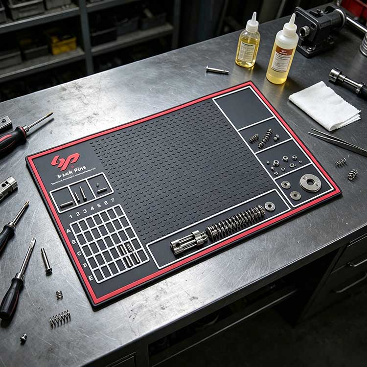 Large pinning tray with vertical compartments and bottom trough for lock tools.