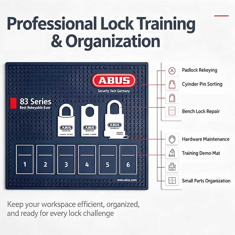 Multi-scenario padlock rekey mat for commercial hardware shops and mobile operators.