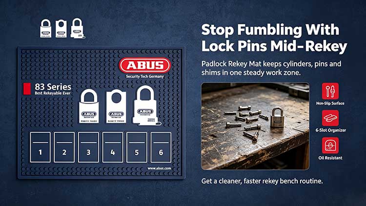 Professional 6-slot padlock rekey mat with non-slip surface and cylinder diagram.