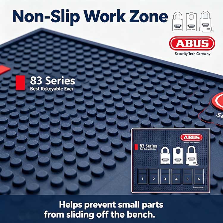 Non-slip dimpled rubber surface on padlock rekey mat preventing sliding.