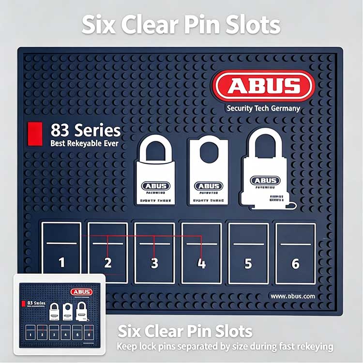 Padlock rekey mat with 6 numbered slots for 6-pin cylinder sorting.