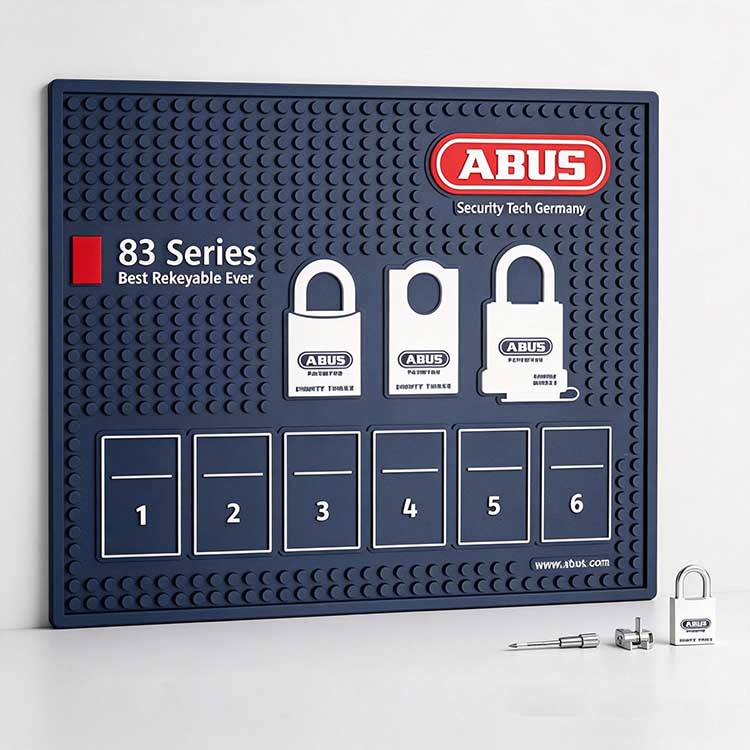 Padlock rekey mat with printed cylinder diagram for ABUS 83 series servicing.