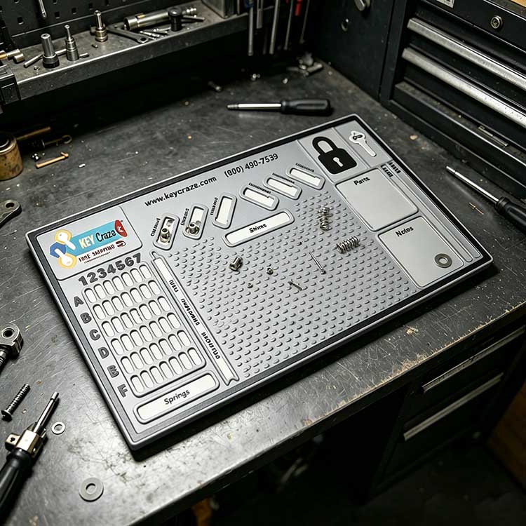Heavy-duty 6mm cylinder rekey tray holding springs and tools in an active automotive workshop.
