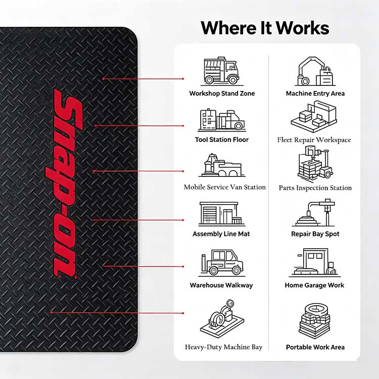 Rubber floor mat providing safety in Texas, London, Sydney, and Toronto workshops.