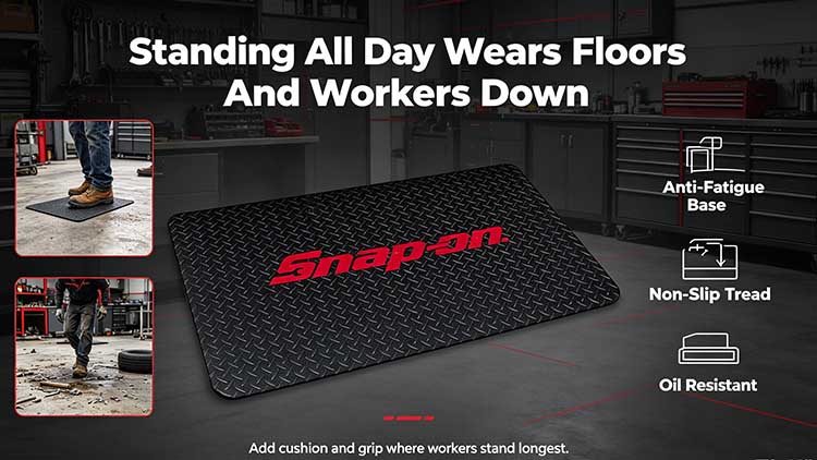 Ultra-thick black rubber floor mat with red custom logo preventing worker fatigue in industrial workshop.