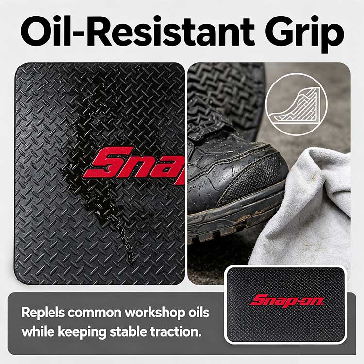 Rubber floor mat repelling heavy engine oil while gripping a heavy work boot for safe traction.