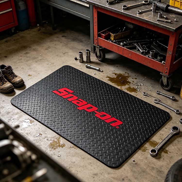 Heavy-duty rubber floor mat placed in an oily garage with wrenches and tool carts around it.