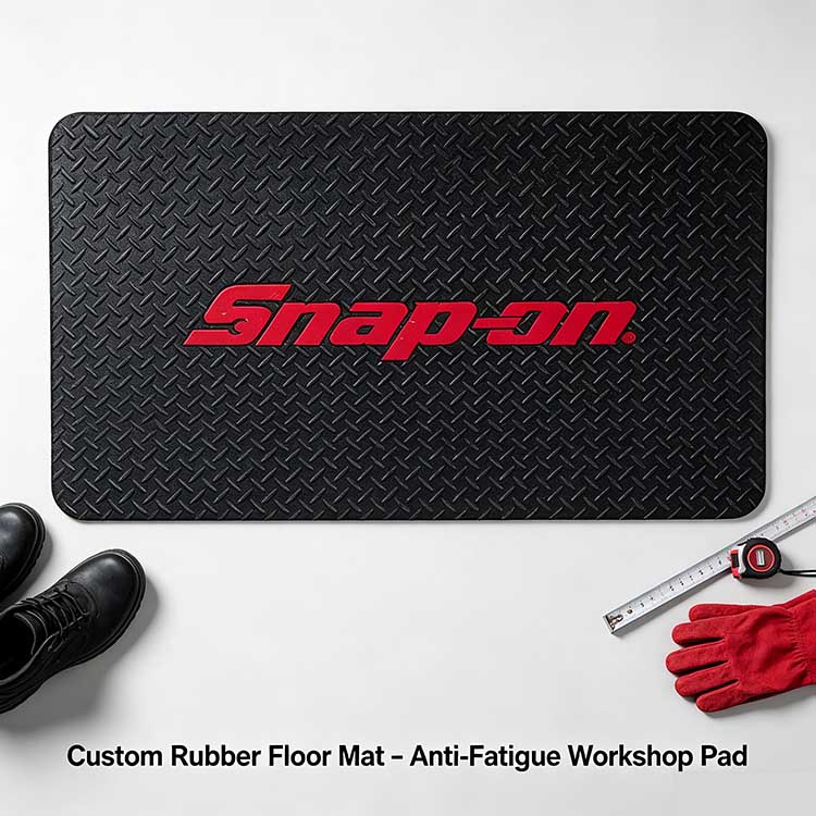 Precision-cut 24x36 inch heavy-duty rubber floor mat with custom 3D logo and measuring tape.