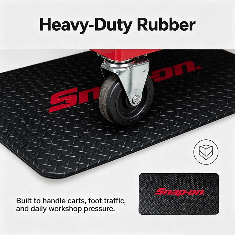 Heavy-duty 15.875mm rubber floor mat withstanding the heavy weight of a steel caster wheel without compression.
