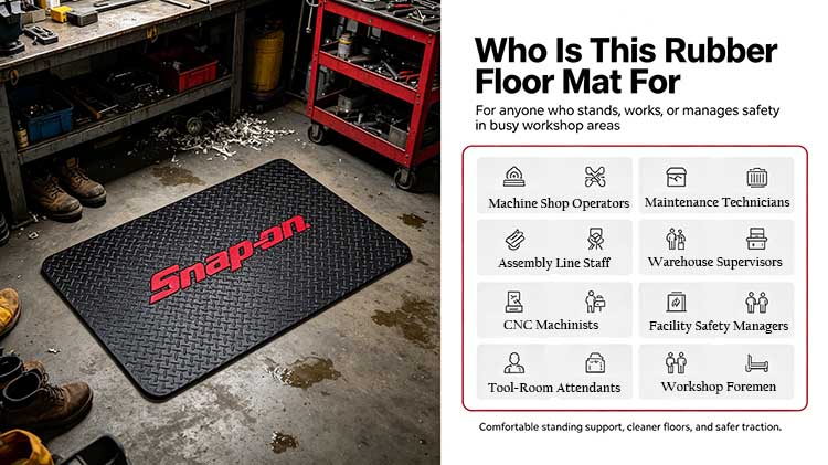 Rubber floor mat targeting machine shop operators, assembly line staff, and safety managers.