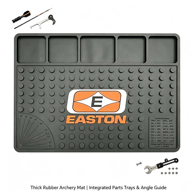 Complete archery work mat featuring 5 sorting trays, embossed angle guide, and hardware conversion chart