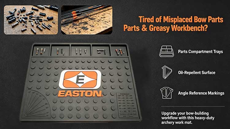 Heavy-duty archery mat with sorting trays and angle guide for professional bow building