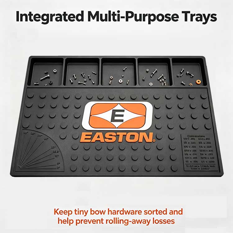 Archery mat featuring 5 sorting compartments for organizing small bow hardware