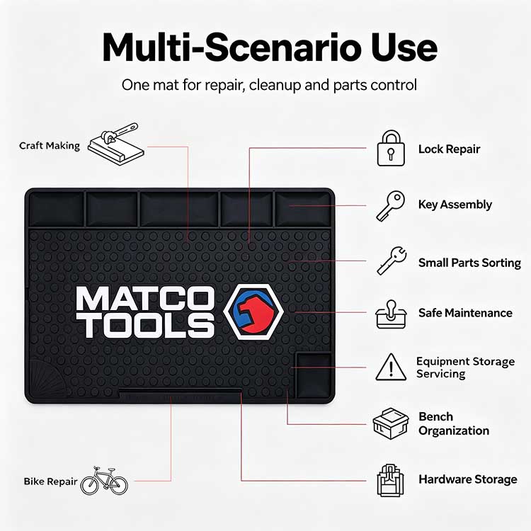 Rubber bench mat suitable for lock repair, bike maintenance and general hardware servicing