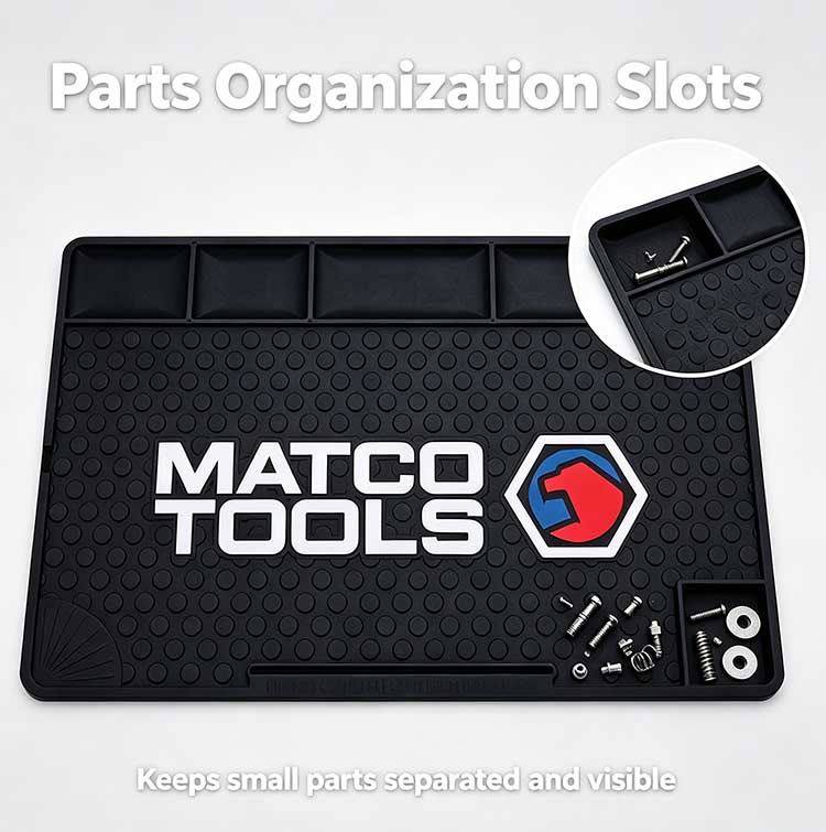 Rubber bench mat integrated storage slots for classified small hardware organization