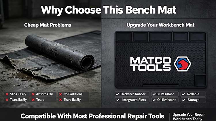 Comparison banner showing disadvantages of cheap mats vs premium rubber workshop bench mat