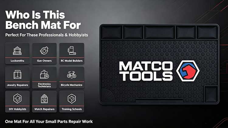 Target audience infographic showing the rubber bench mat is used by locksmiths, gun owners, RC builders and jewelry repairers