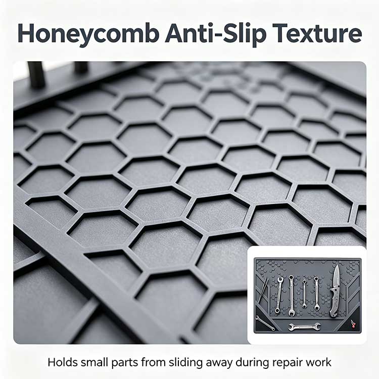 Hexagonal honeycomb anti-slip texture on an EDC tool mat holding parts.
