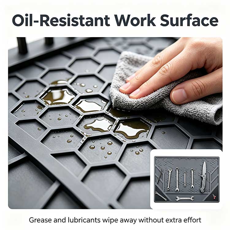 Oil-resistant rubber EDC tool mat repelling grease and lubricants