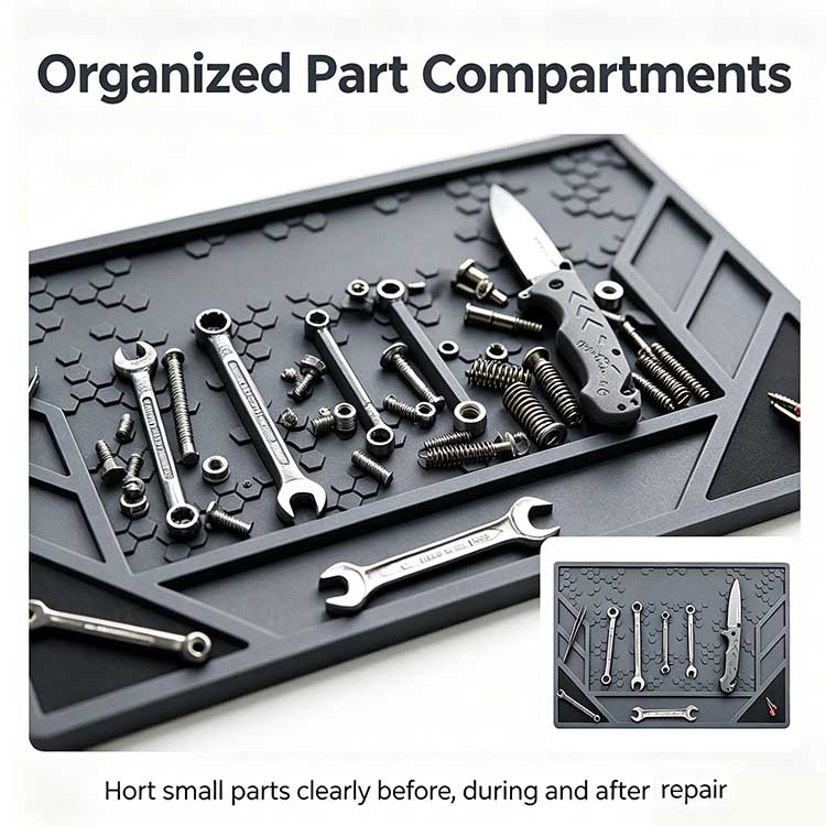 Slanted recessed storage compartments on an EDC tool mat organizing hardware.