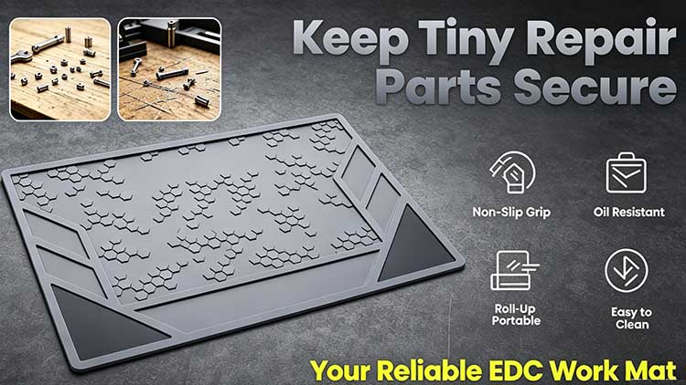 Heavy-duty non-slip EDC tool mat with honeycomb texture and storage slots