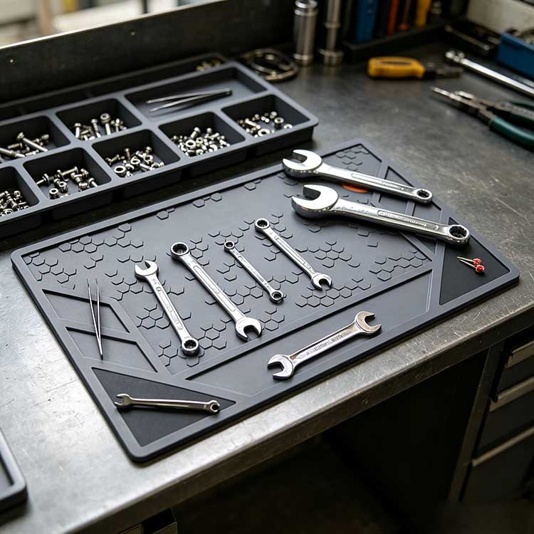 Workshop setup using a grey EDC tool mat with honeycomb grip to organize wrenches and hardware