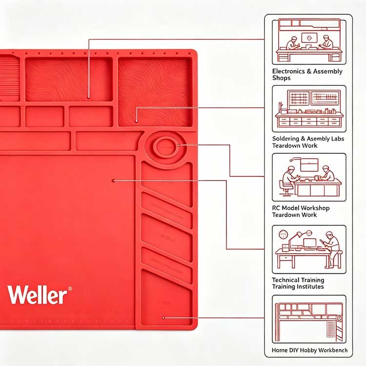 Versatile ESD mat for electronics assembly, soldering labs, and RC workshops.