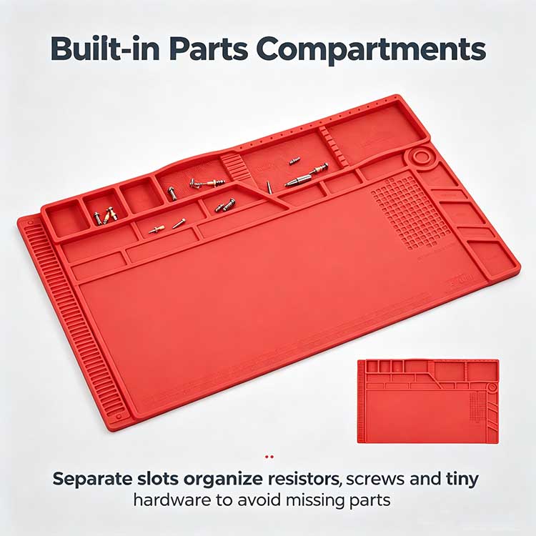 Built-in parts compartments on an ESD mat sorting resistors and screws.