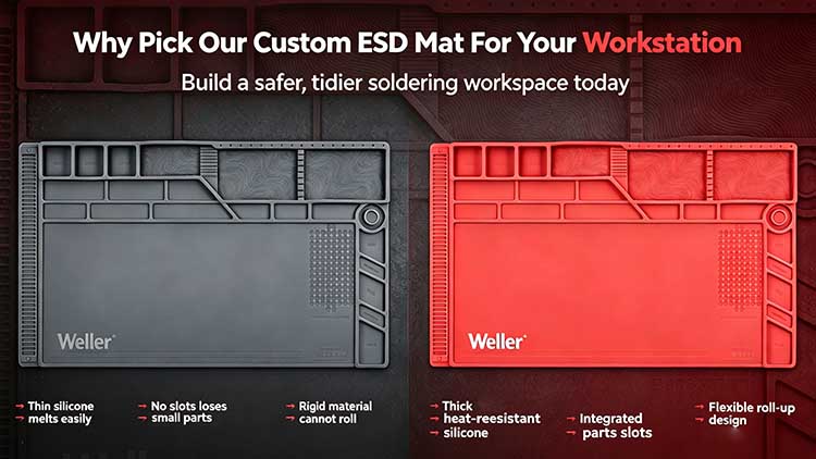 Comparison of heavy-duty ESD mat versus thin silicone soldering pads.