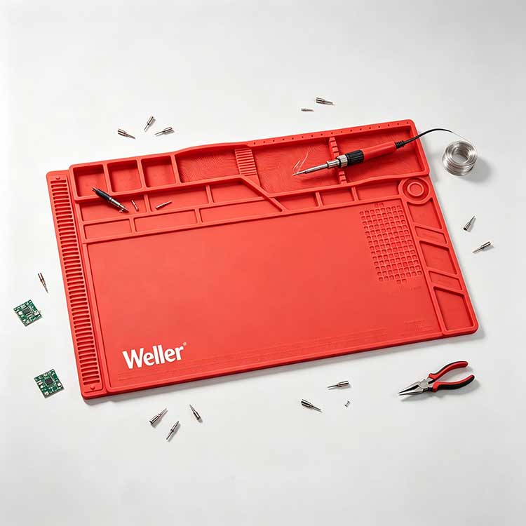 ESD soldering mat with circular iron holder and integrated measurement ruler.