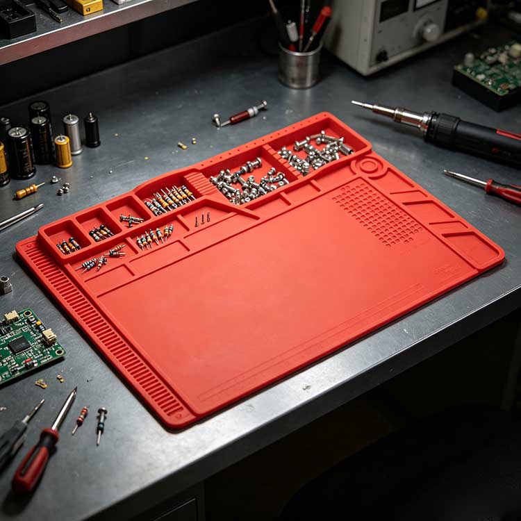 Red silicone ESD mat with component storage slots, soldering iron holder, and circuit board.