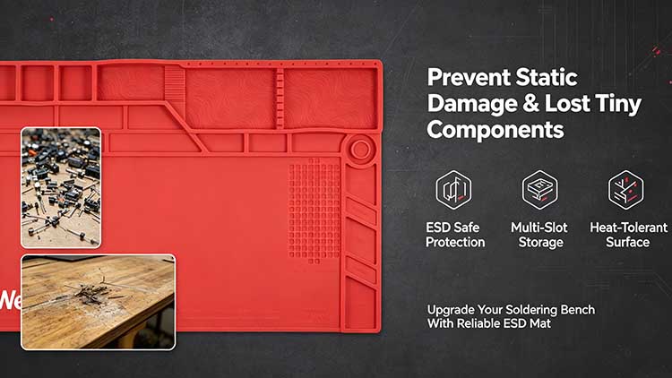 Heat-resistant silicone ESD mat with component grid and soldering iron slot.