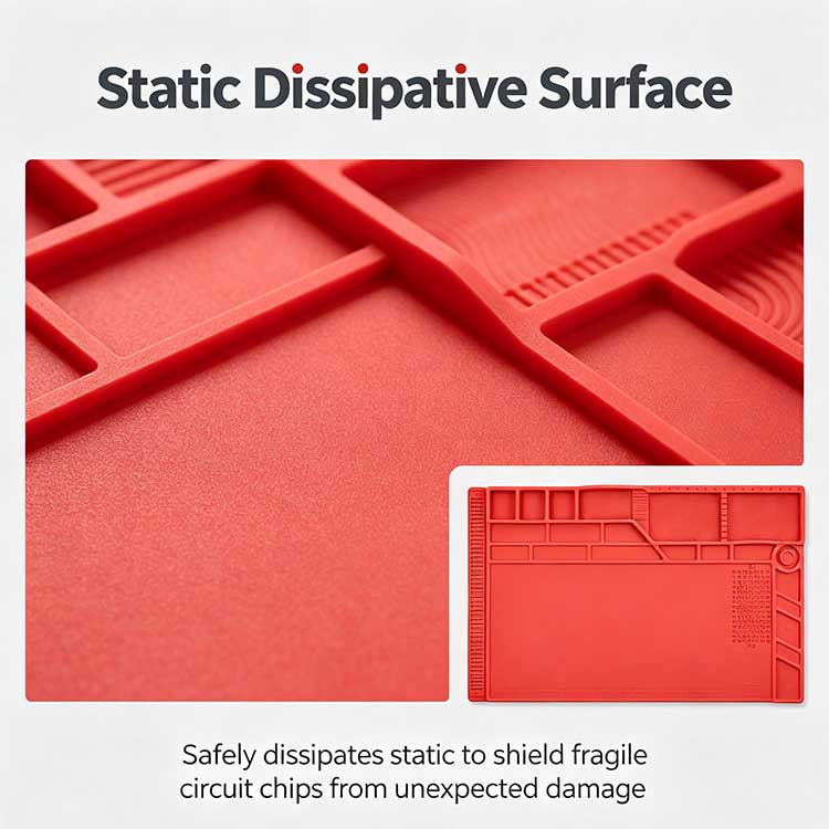 Static dissipative silicone ESD mat protecting circuit chips from damage.