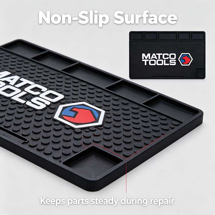 Raised dot grip texture on a garage bench mat holding hardware in place.
