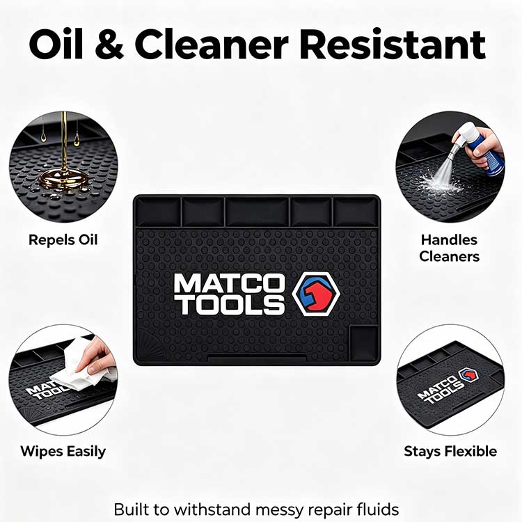 Oil and solvent-resistant rubber garage mat repelling motor oil.