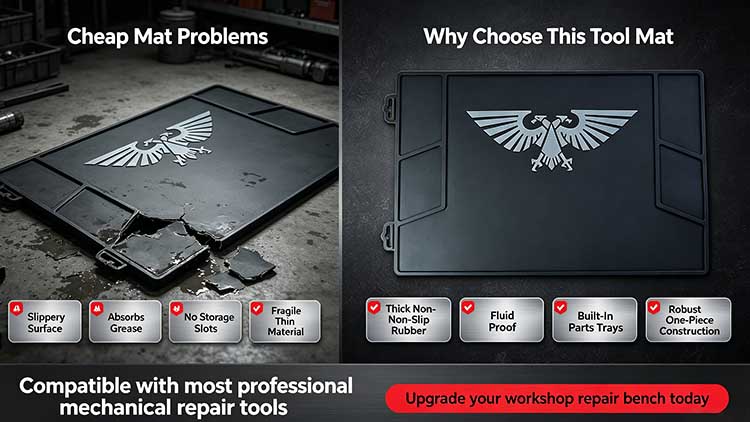 Comparison of heavy-duty tool mat versus cheap pad that is slippery, absorbs grease, and lacks storage.