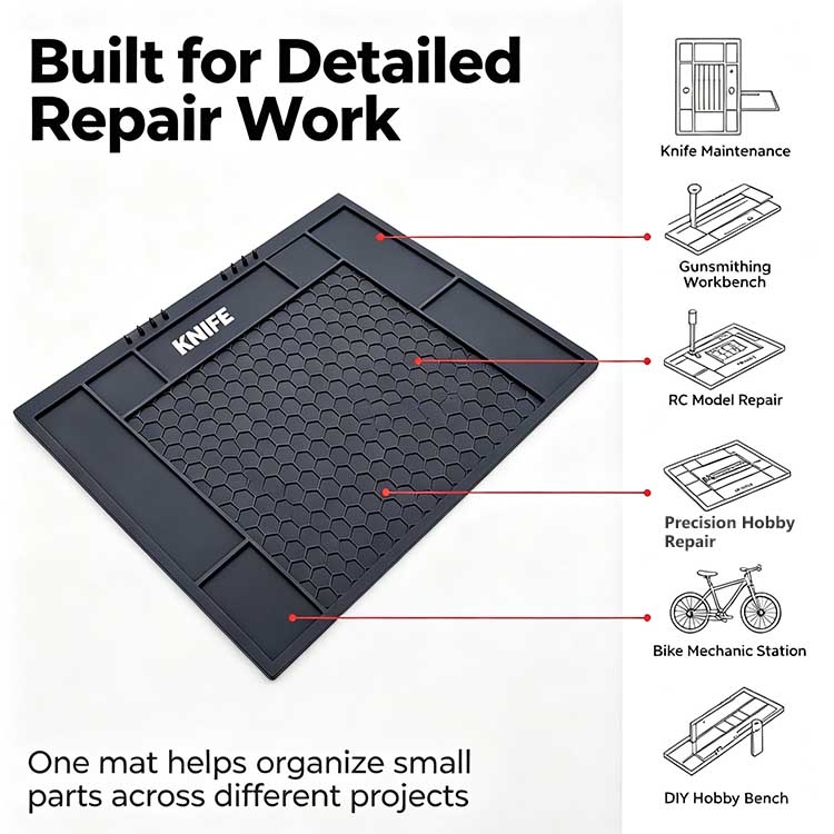 Versatile knife tool mat for knife maintenance, gunsmithing, and RC repair.