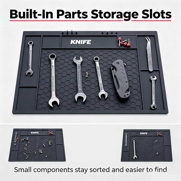 Built-in parts storage slots on a knife tool mat organizing wrenches and screws.